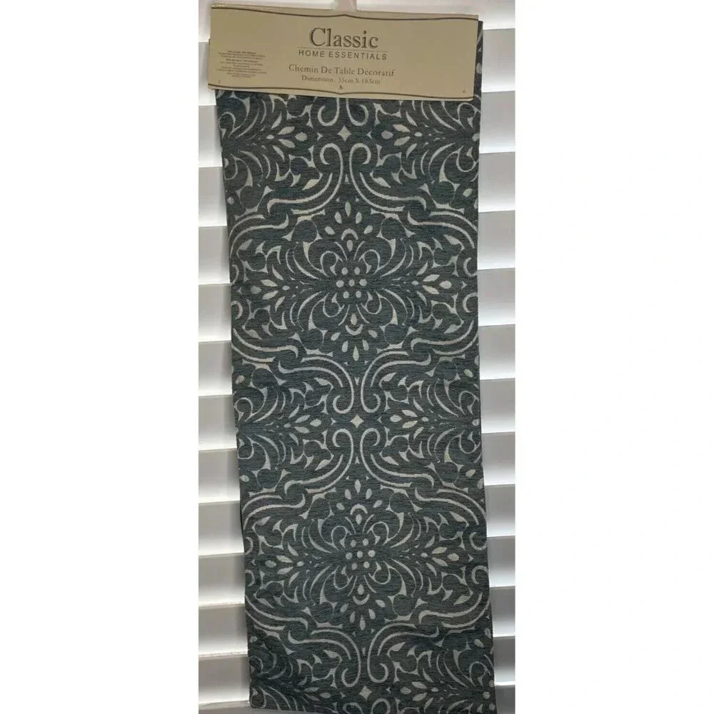 Blue Floral Flower Geometric Damask Table Runner 14” X 72”  NEW Elegant Party‎